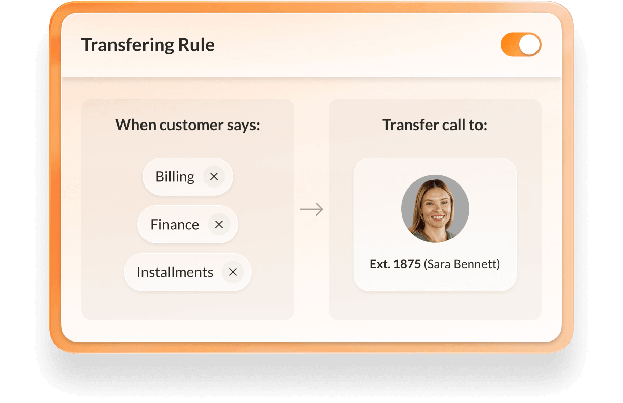 Dashboard interface for setting up transferring rule in the AI Receptionist system