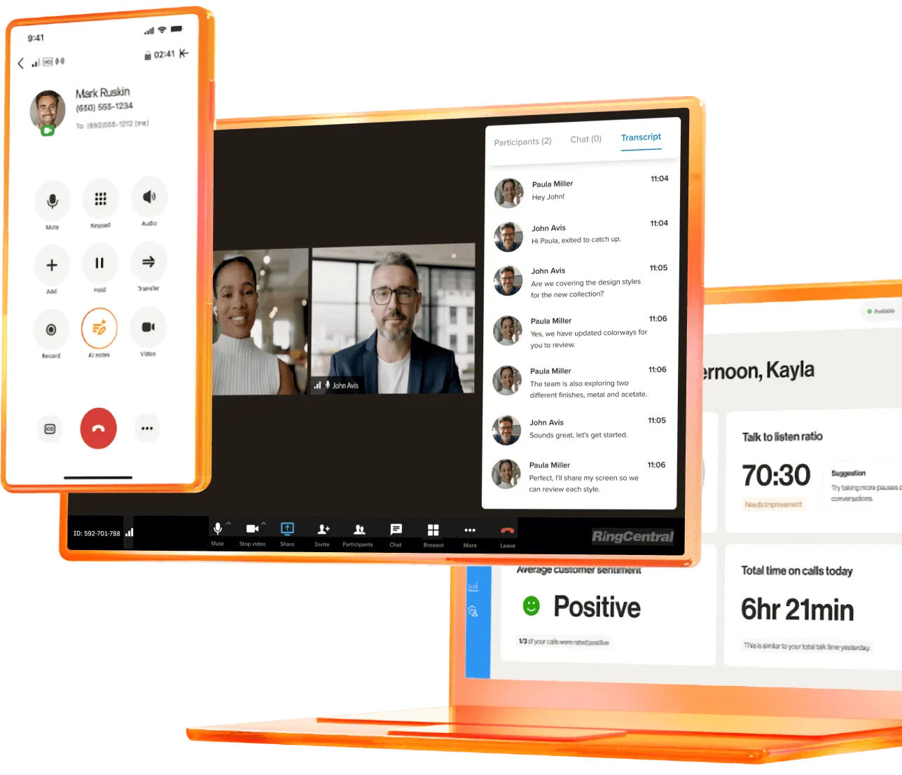 An image showing RingCentral's AI communications features on mobile and desktop app.