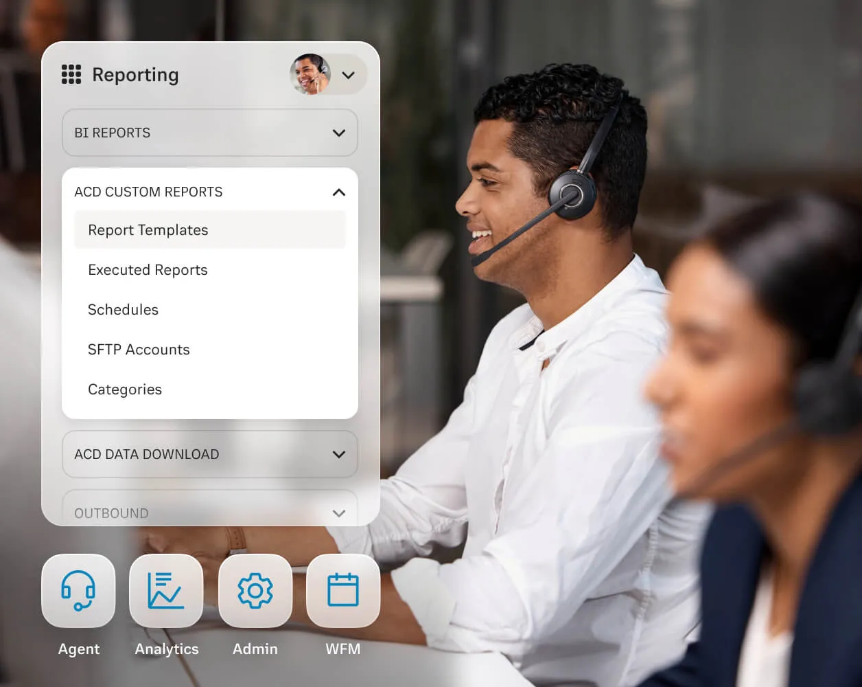 The RingCentral Contact Center Reporting dashboard beside two agents