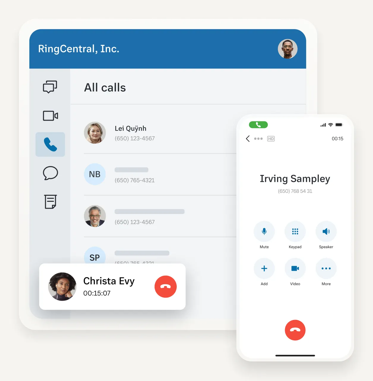 An agent handling an ongoing call with an open list of calls and a dialpad within the RingCentral app