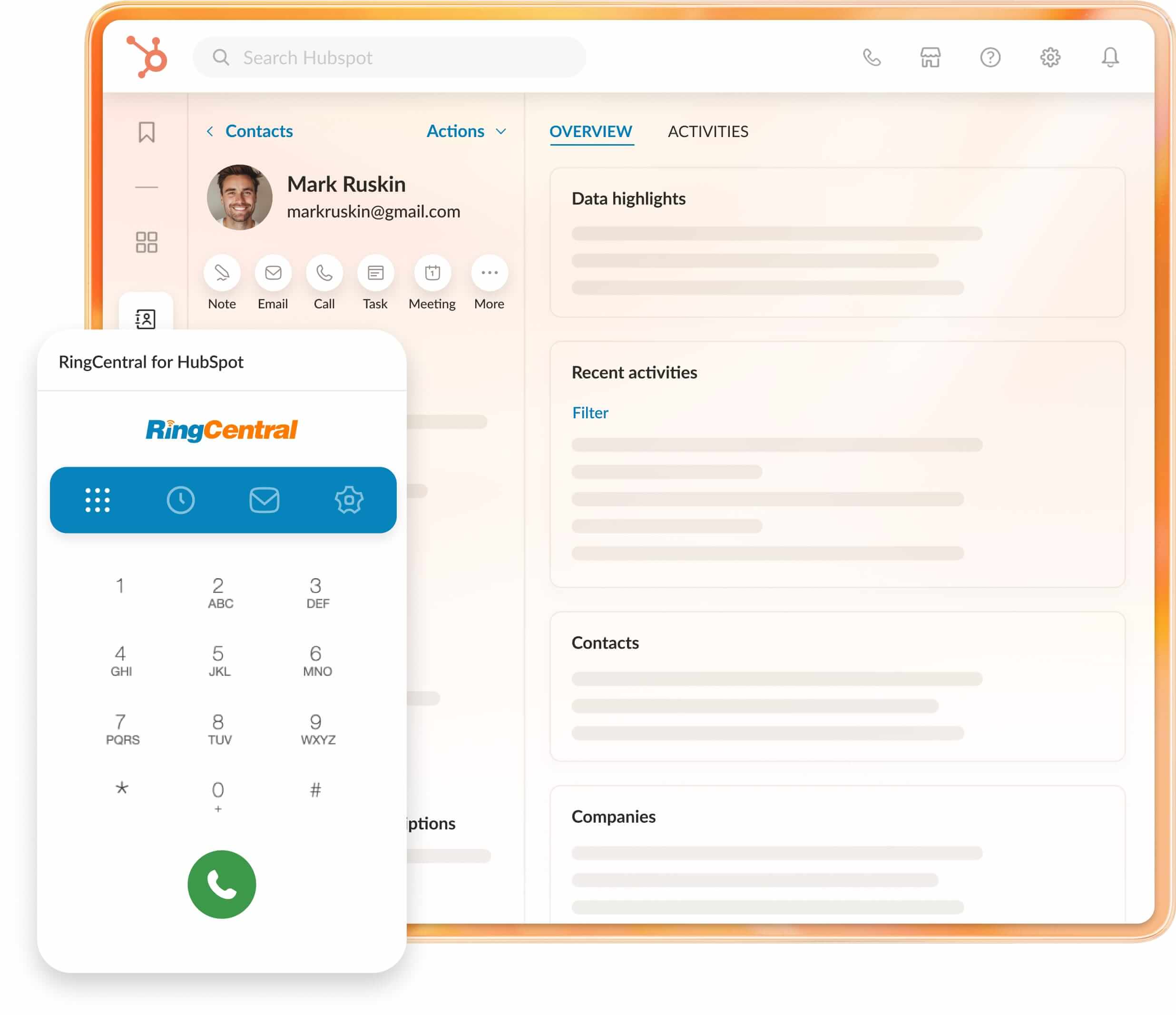 The unified view for Hubspot integrated in RingCentral plus the dialer pad in front