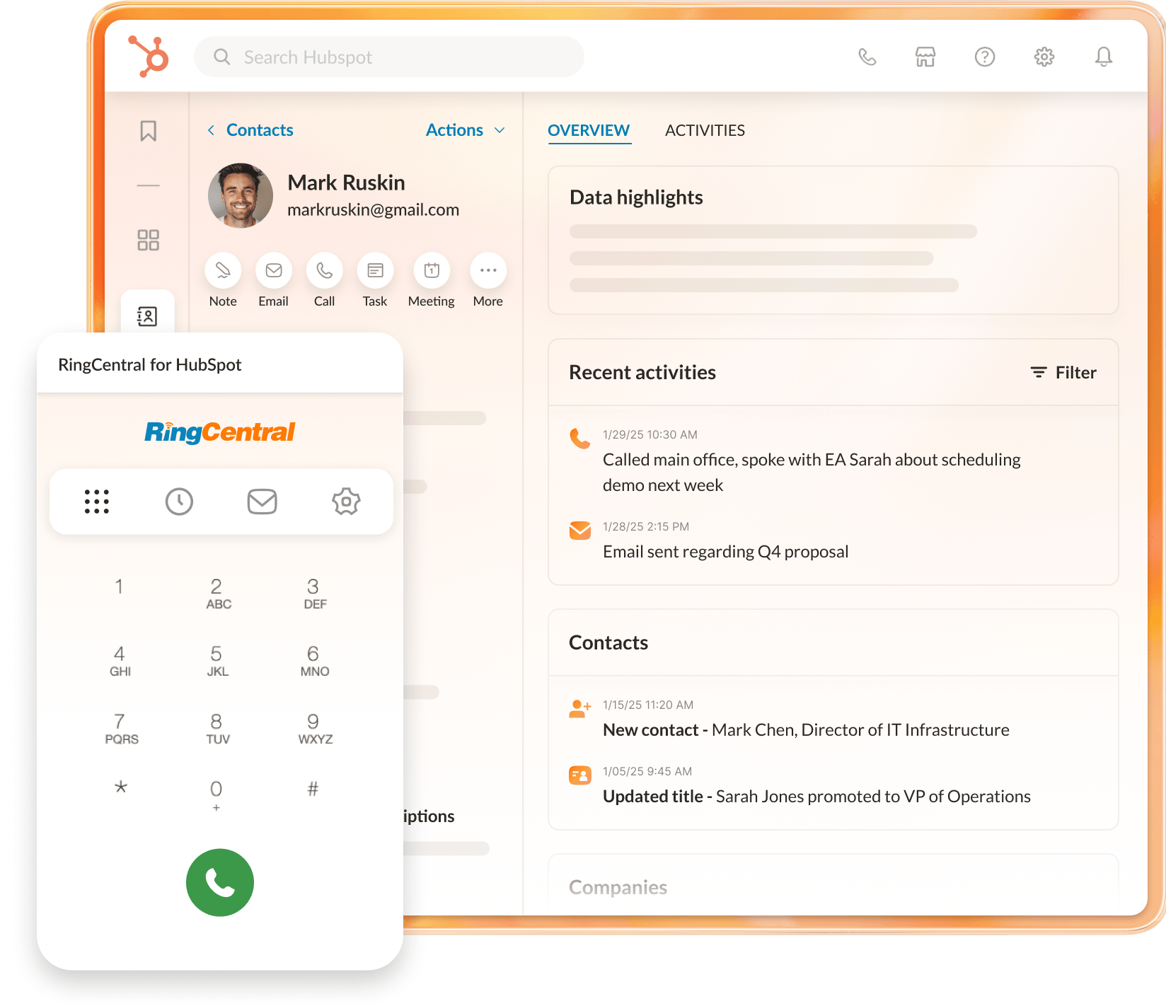 desktop interface of RingCentral for Hubspot integration