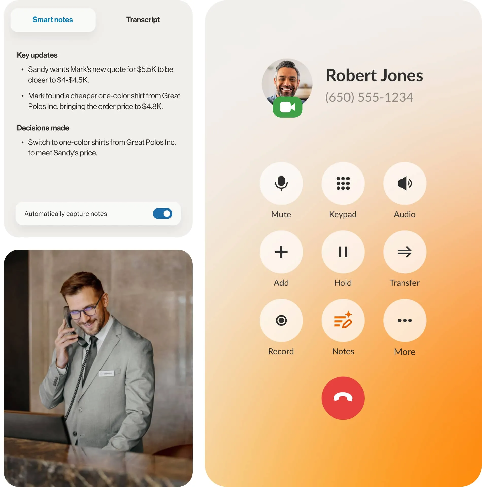 A male receptionist uses RingSense AI Smart Notes feature while talking to male caller