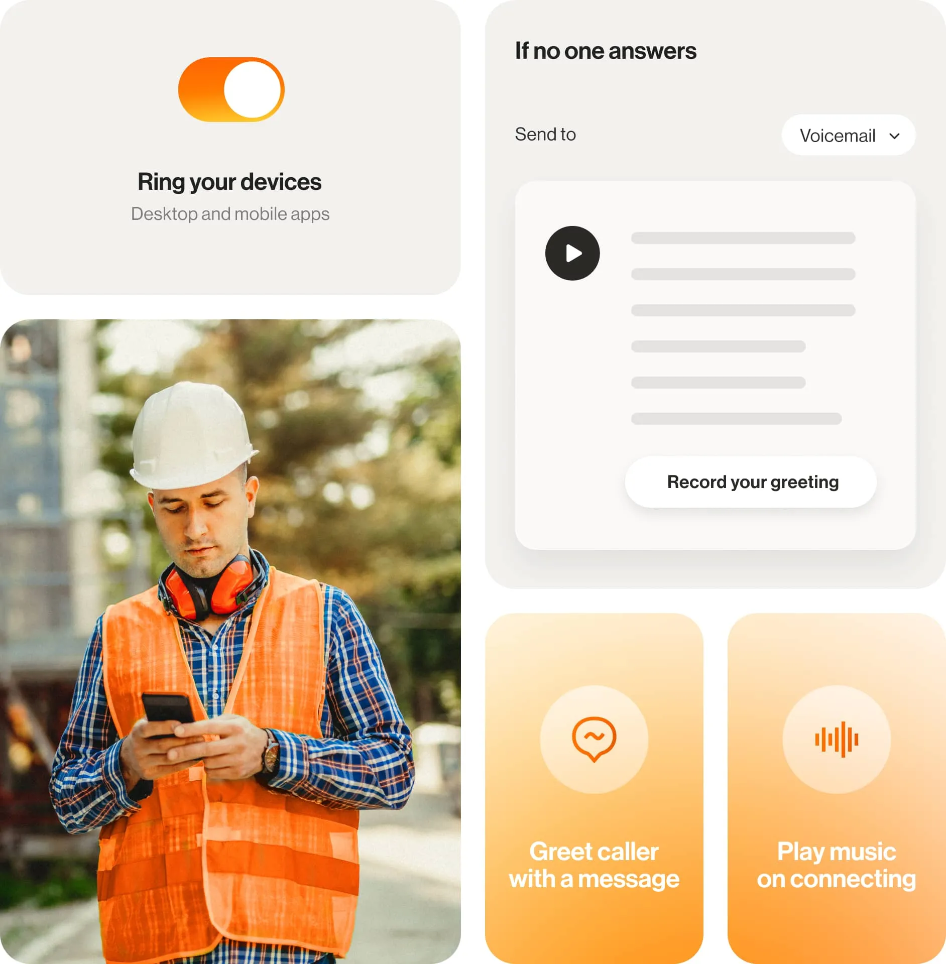 A male engineer configures the RingCentral settings such as Ring your devices, voicemail, and Welcome greetings on his mobile phone