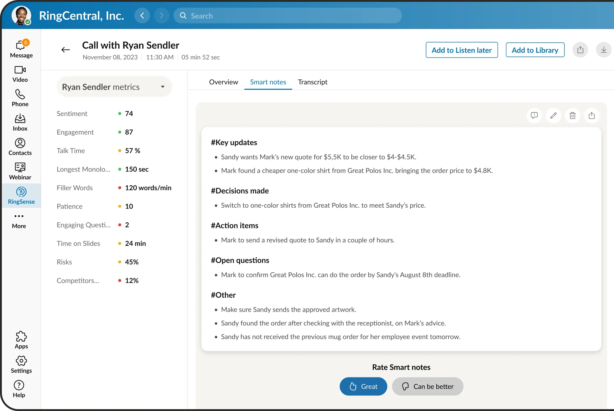 The Smart Notes feature of RingCentral's RingSense AI