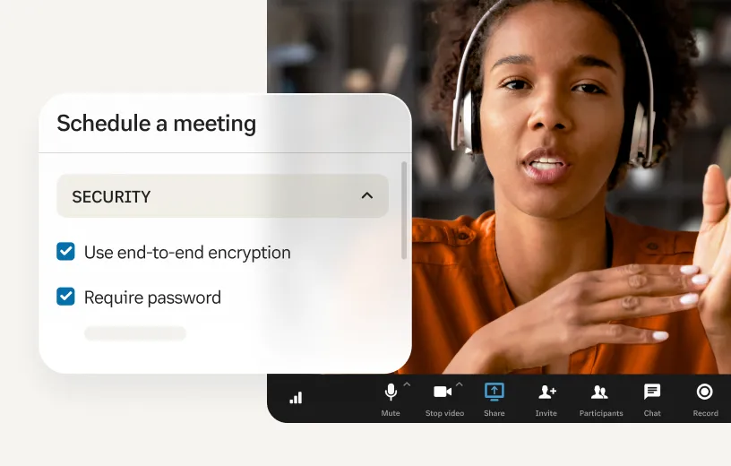 Active security settings of an ongoing RingCentral Video meeting including end-to-end encryption and password requirement