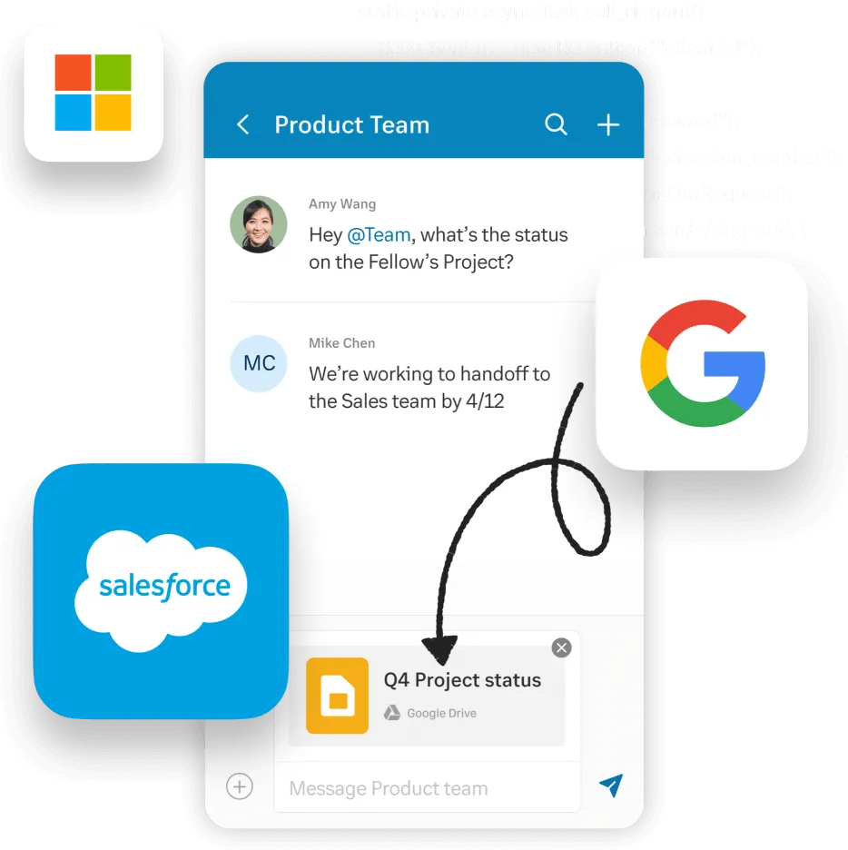 Ein Screenshot aus der RingCentral App zeigt Integrationen mit Microsoft, Google und Salesforce