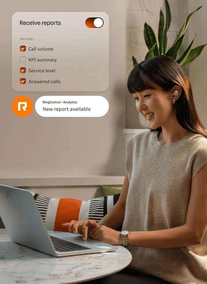 A woman receiving an analytics report of Call Volume, Service Level, and Answered calls within the RingCentral app