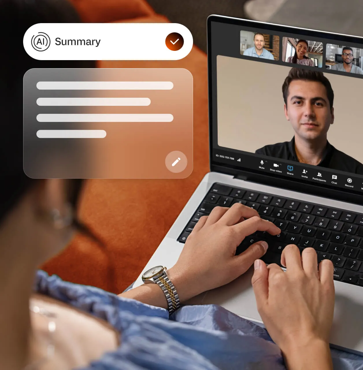 An AI-powered RingCentral video meeting with the summary feature enabled on a laptop