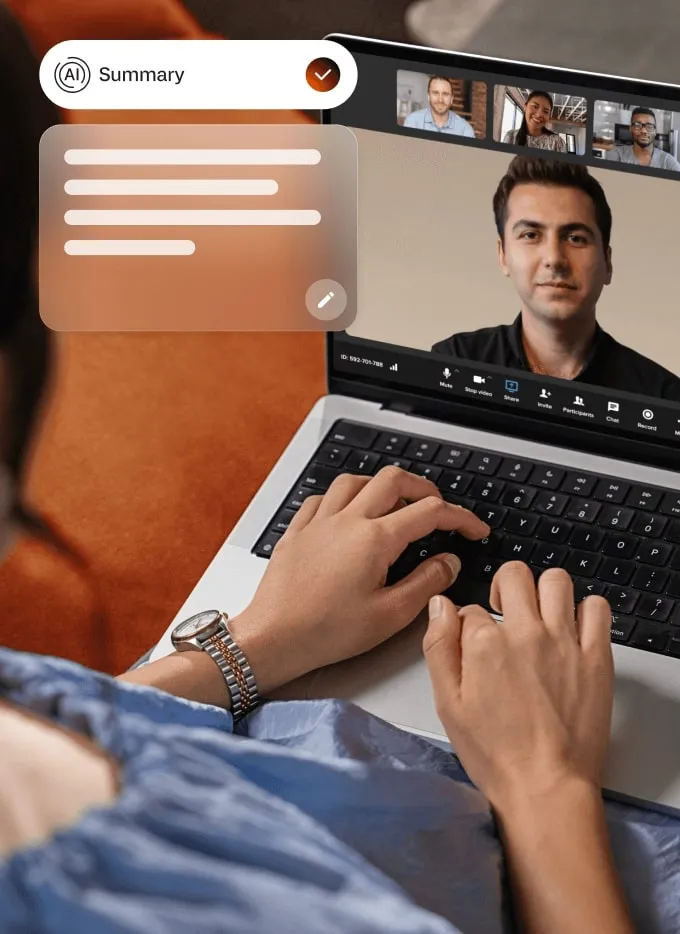 An AI-powered RingCentral video meeting with the summary feature enabled on a laptop