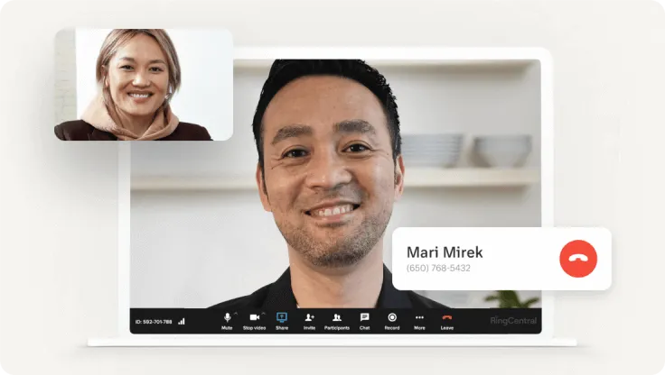 An employee engaged in a RingCentral video meeting from his laptop