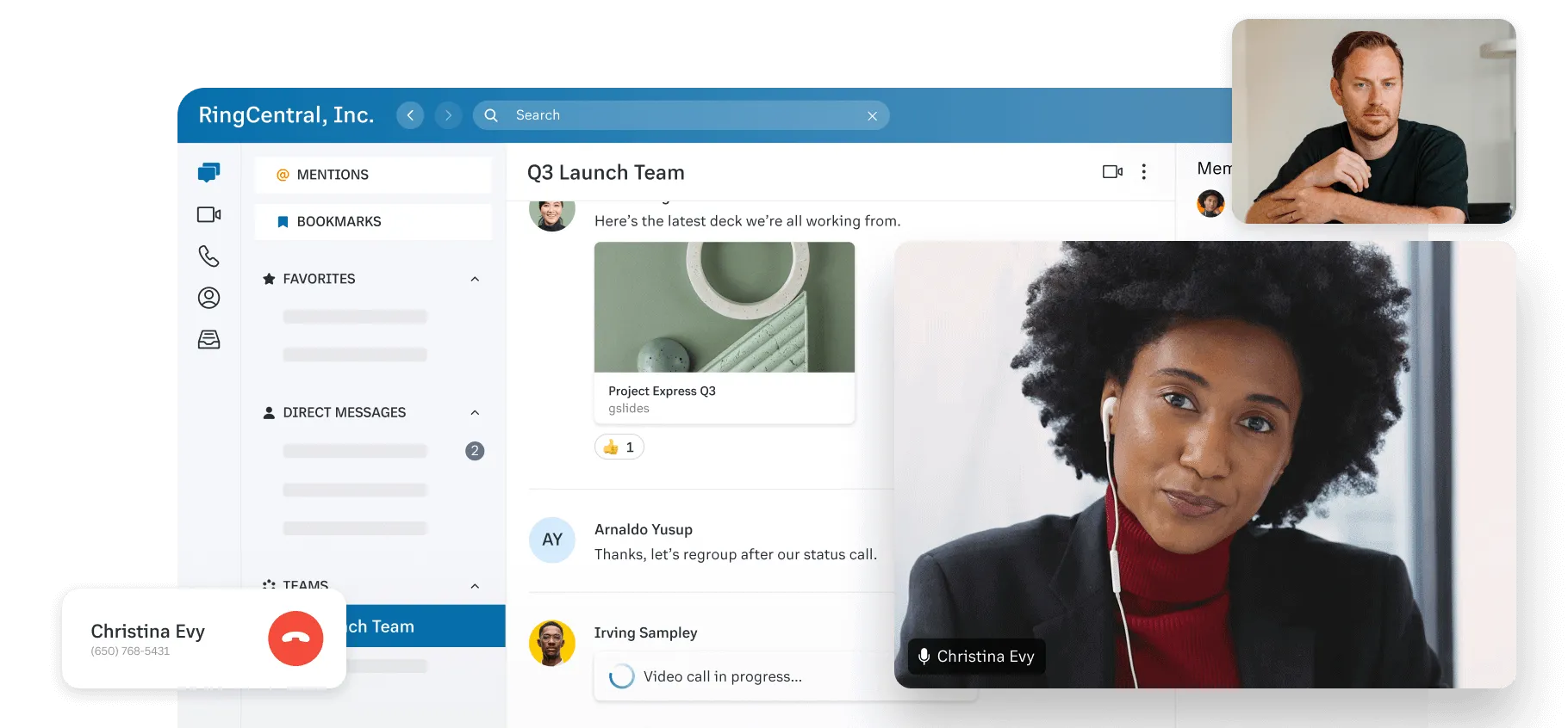 Team members communicating via phone, messaging, and video in one integrated platform